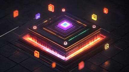 Strategic market positioning concept with floating digital icons, growth arrows, and industry trends