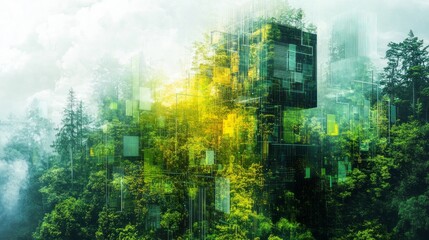 Naklejka premium Digital cityscape intertwined with vibrant green forest trees