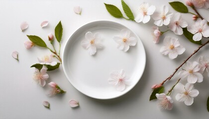 하얀 도자기 접시 위에 벚꽃 잎들이 살짝 떨어져 있다