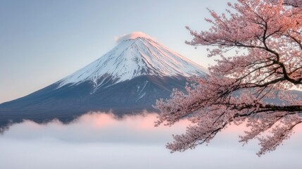 Fototapeta premium Majestic Mount Fuji Sunrise with Cherry Blossoms