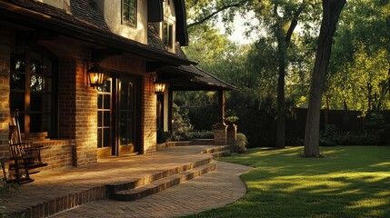 Stylish copper wall sconces fixed on a brick house, adding charm and warmth to the exterior
