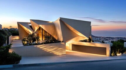 Fototapeta premium Ultra-modern house exterior with geometric wall-mounted LED lights creating a sleek look