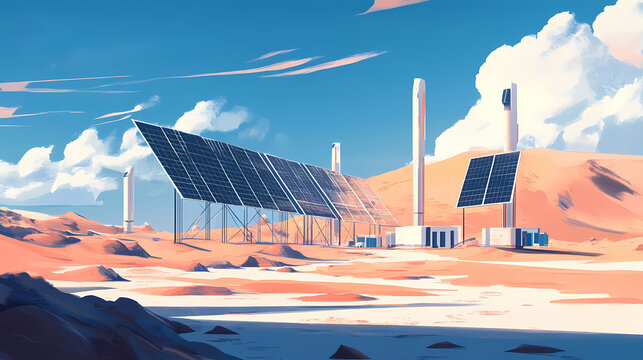 A visual representation of a solar energy facility, highlighting alternative power options. Solar-Powered Windmills. Illustration