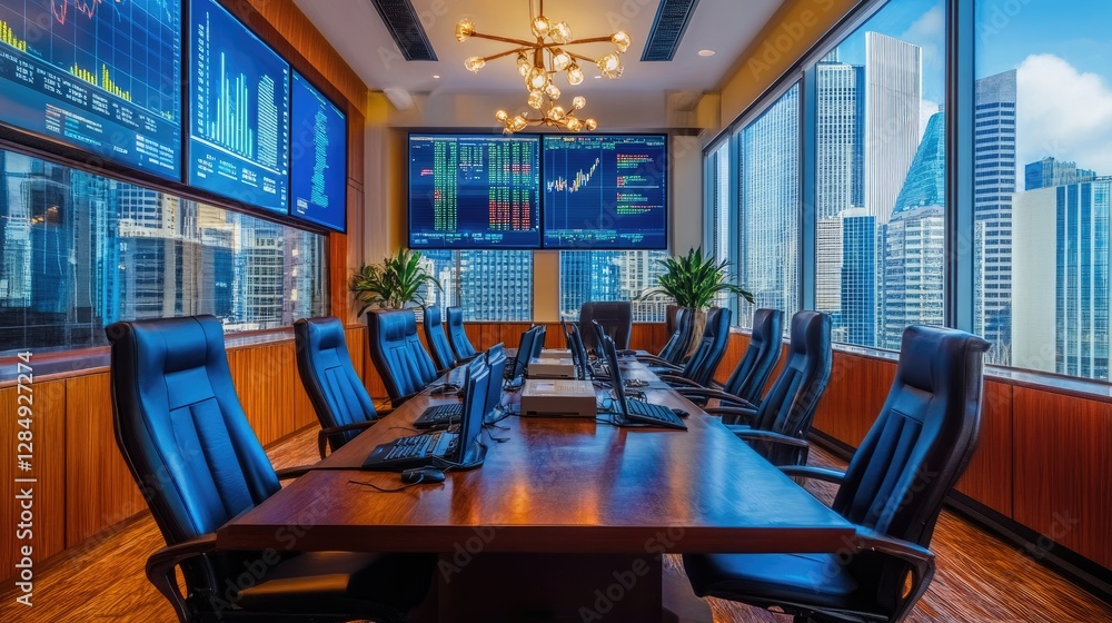 Poster virtual business intelligence boardroom with multiple ai-driven financial projection screens
