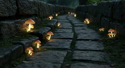 Obraz premium Enchanting glowing bioluminescent mushrooms lining a stone pathway, concept for fantasy, magical forest exploration and nature's hidden wonders