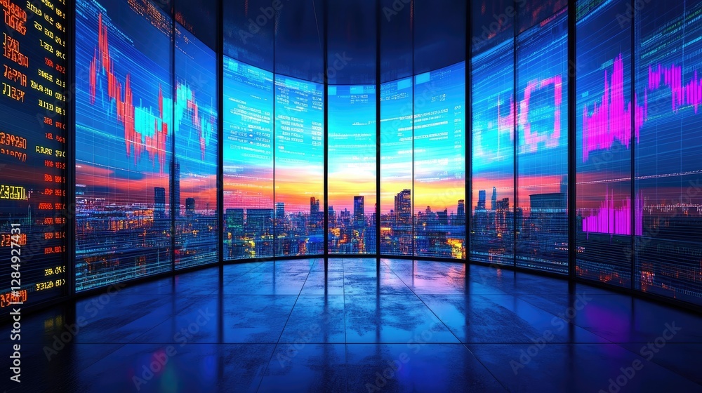 Poster virtual business intelligence boardroom with multiple ai-driven financial projection screens