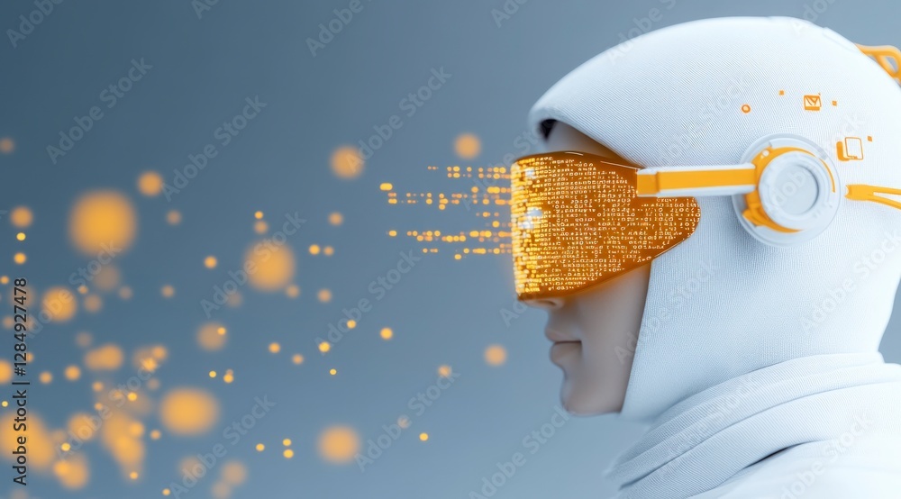 Poster futuristic cyborg ai digital data streams cyberpunk robot head high tech vision