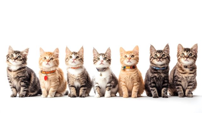 Adorable Kittens in a Row White Background / 愛らしい子猫たちが一列に 白い背景