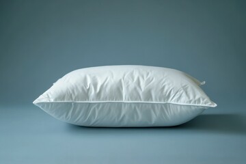 A fluffy white pillow is lying on a blue surface