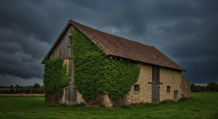 Obraz premium Ivy-Covered Barn Under a Stormy Sky
