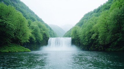 Lush green waterfall in mountain valley, misty weather; nature background