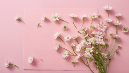 핑크빛 종이 위에 작은 들꽃들이 자연스럽게 흩어져 있다