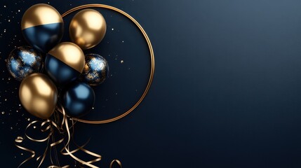 A Festive Arrangement of Elegantly Designed Gold and Blue Balloons with Decorative Elements