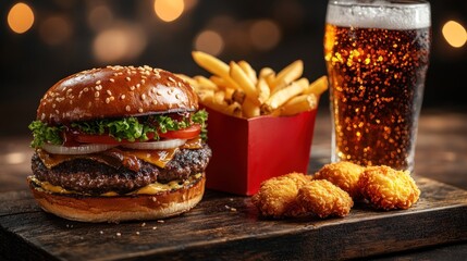 Delicious burger, fries, chicken tenders, and beer on a rustic wooden board, festive background