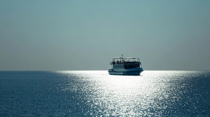 Boat Sailing on Calm Ocean with Sunlight Reflection