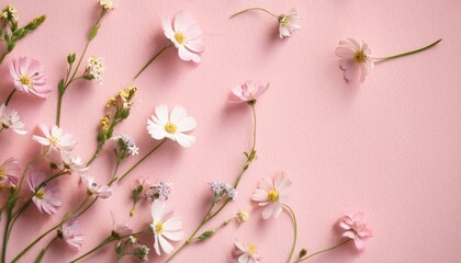 Fototapeta premium 핑크빛 종이 위에 작은 들꽃들이 자연스럽게 흩어져 있다