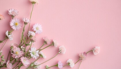 Obraz premium 핑크빛 종이 위에 작은 들꽃들이 자연스럽게 흩어져 있다