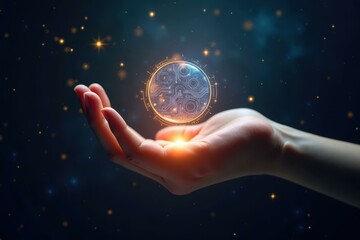 Hand holding glowing Bitcoin cryptocurrency coin, digital finance concept, investment and technology theme, futuristic background with sparkling particles, dark blue and orange mood