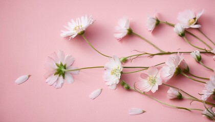 핑크빛 종이 위에 작은 들꽃들이 자연스럽게 흩어져 있다