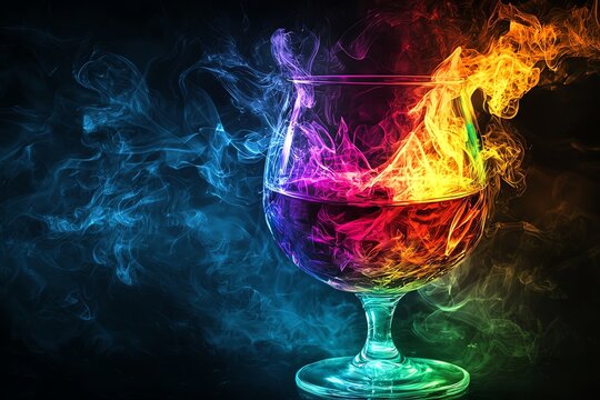 Rainbow fire in a crystal glass, with smoke swirls and dark mystical background, alchemy theme