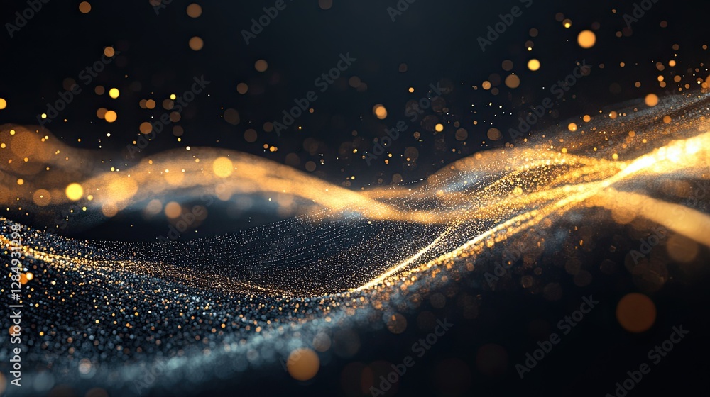 Poster abstract dynamic light particles flowing across a dark background, ideal for tech or entertainment-r