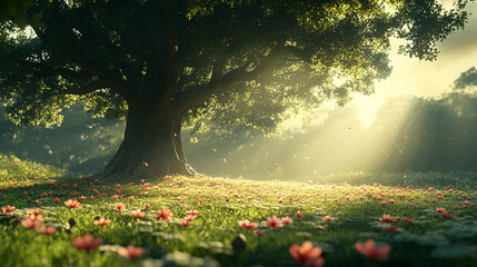 A scientist analyzes DNA data on a holographic interface in a tranquil forest, symbolizing the fusion of nature and technology, the hidden evolution of life, and the quest to understand genetic myster