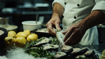 Chef preparing fresh seafood, meticulously handling a fish and arranging oysters on ice, showcasing culinary expertise and fresh ingredients.