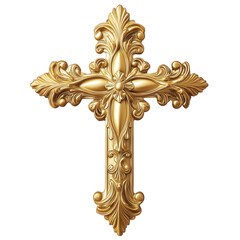 A decorative golden Christian cross with delicate carved flourishes, centered on the canvas, transparent background, PNG