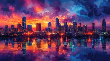 Fototapeta premium Vibrant City Skyline Sunset Reflection Art Print
