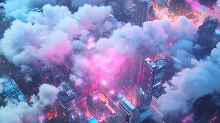 Fototapeta premium Digital marketplace transformation holographic clouds over urban skyline futuristic environment aerial view innovation concept. Holographic Street Market. Illustration