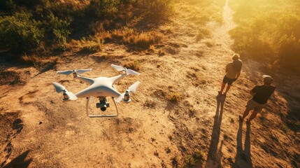 Drone Flying Over a Scenic Landscape at Sunset with Two People Observing