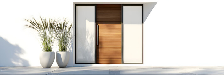 
A modern front door with wooden and glass elements, a house entrance on a sunny day