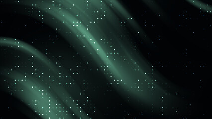 Green light streaks and white dots on a black background..