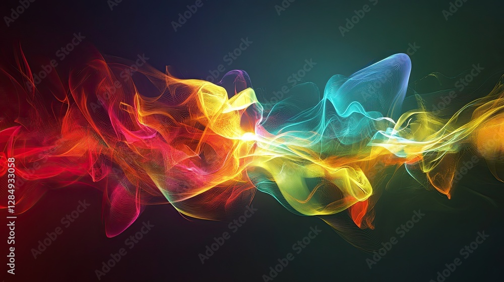 Poster abstract fluid shapes and glowing light streaks, representing the flow of data in the digital age.