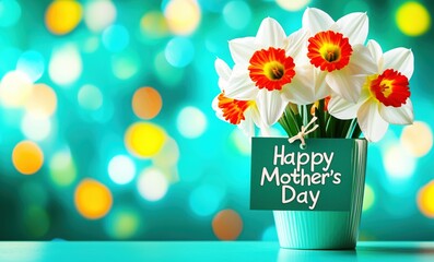 A bouquet of white daffodils with bright orange centers in a green vase, accompanied by a "Happy Mother's Day" sign, set against a colorful bokeh background. Vibrant floral greeting with copy space.