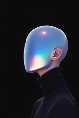 Faceless person mannequin, liquid holographic metal 3d Y2K futuristic sculpture rainbow iridescent head