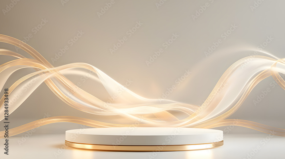 Aufkleber elegant wave display on circular platform modern studio setting digital art installation minimalist 