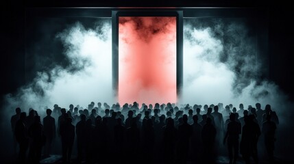 Obraz premium Crowd Silhouettes at Concert Stage Fog Lights Event