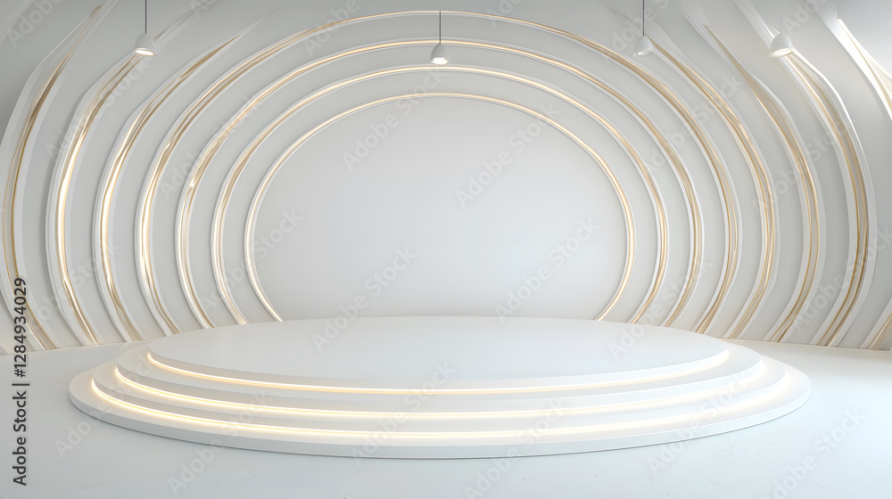 Aufkleber modern minimalist stage design studio setting 3d render bright white environment eye-level view conc