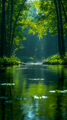 Pristine Forest River Scene With Vivid Green Trees