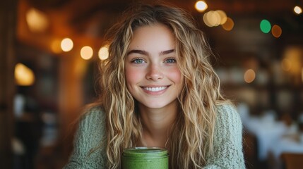 Happy woman with smoothie in cafe