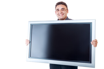Professional man holding large blank screen display monitor or tv template for advertising,...