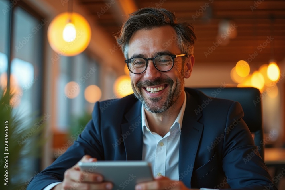 Aufkleber man is smiling while looking at his tablet computer