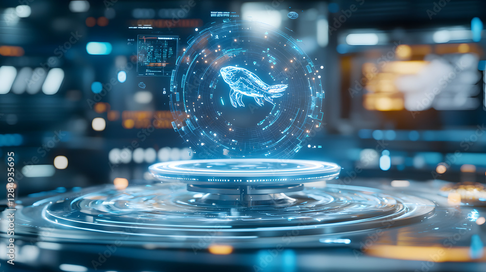 Poster interactive digital representation of a fish in futuristic environment virtual space 3d holographic 