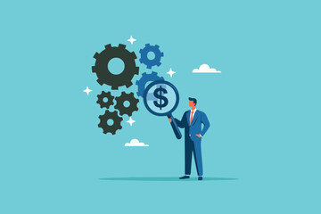 Financial Insight, Businessman Examining Dollar Revenue Generated from Gear-Driven Production