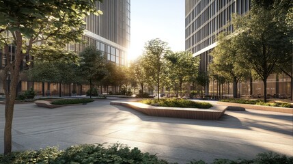 Modern Urban Landscape with Sunlight Filtering Through Trees in an Architectural Setting