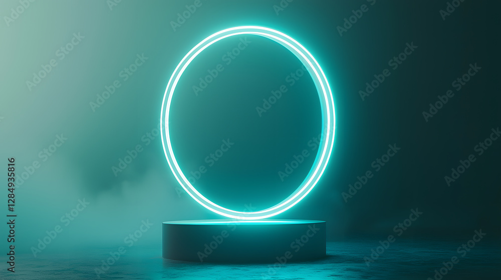 Poster illuminated neon circle display modern studio 3d render dark atmosphere minimalist design concept