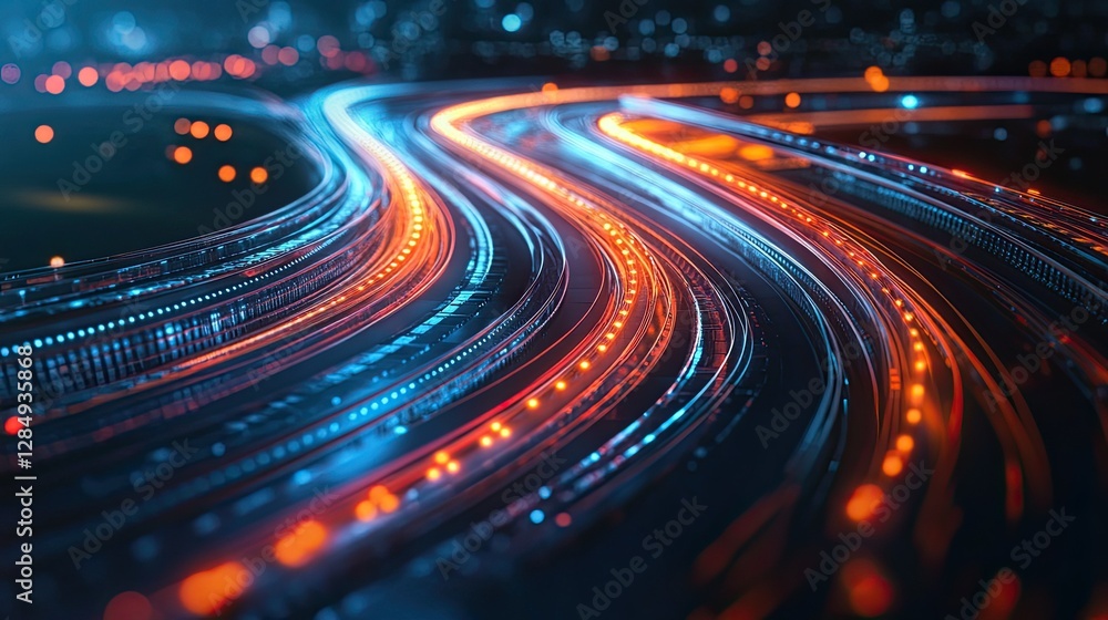 Poster abstract fractal design with interlocking curves and bright light trails.
