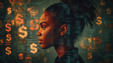 Young african american woman with financial data overlayed upon her