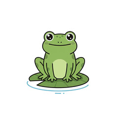 A green frog sits on a lily pad looking forward